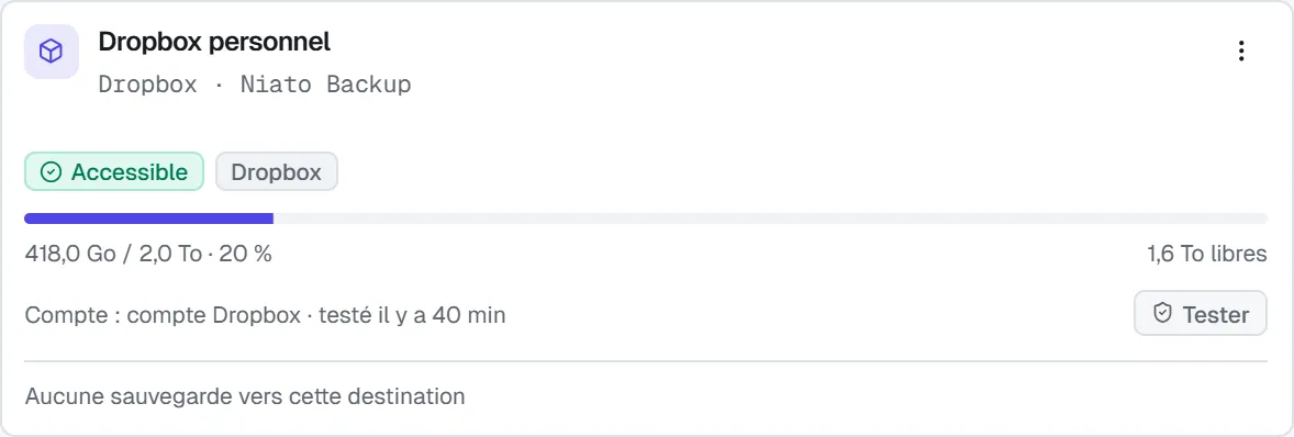 La carte d'un compte Dropbox : espace utilisé sur 2 To, date du dernier test et bouton Tester.