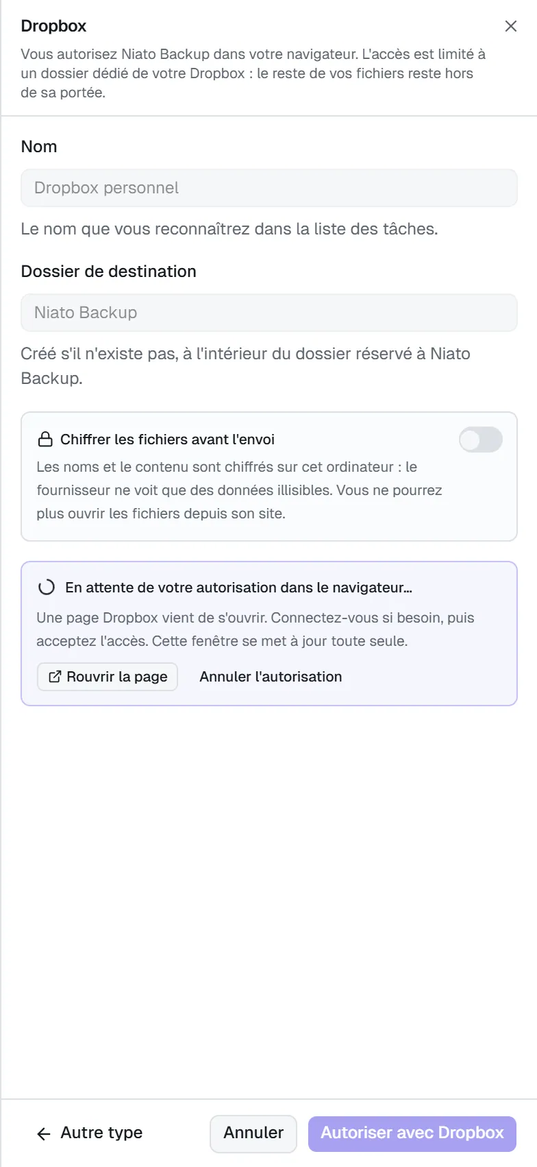 Dropbox en attente d'autorisation : le message « En attente de votre autorisation dans le navigateur » et le bouton Rouvrir la page.