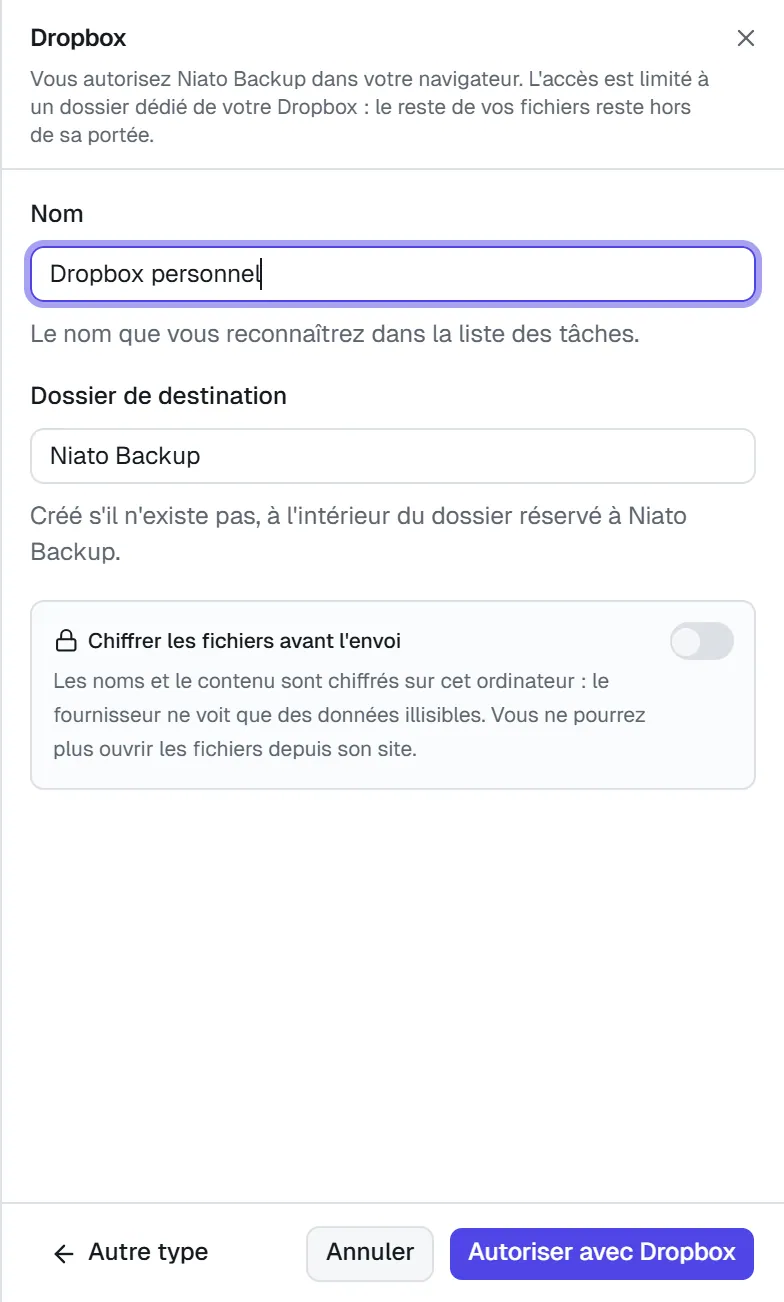 Le formulaire Dropbox : nom, dossier de destination, chiffrement et bouton Autoriser avec Dropbox.
