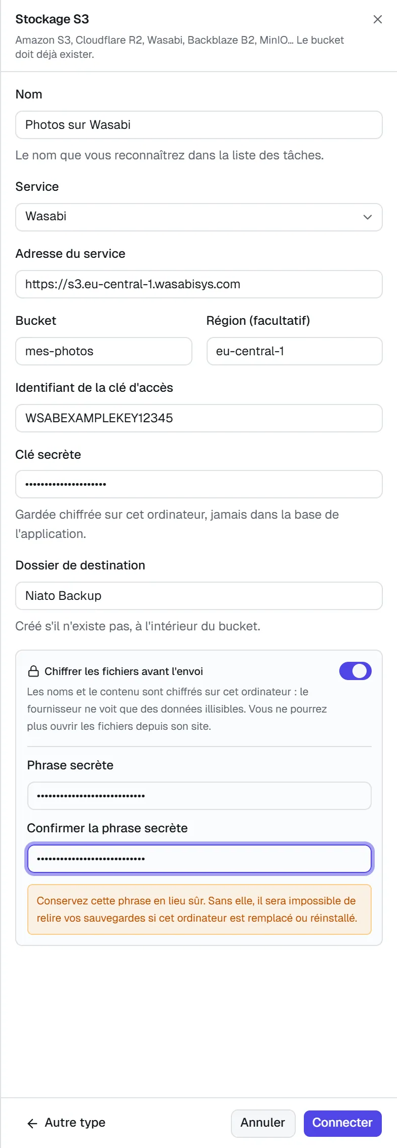 Le formulaire S3 avec le chiffrement activé : phrase secrète, confirmation et mise en garde.