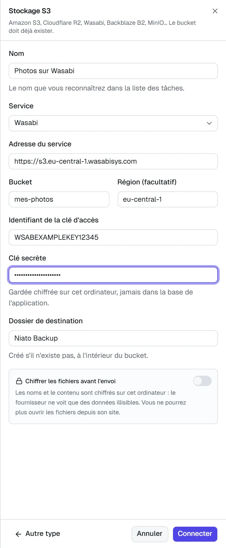 Le formulaire S3 : service, adresse, bucket, région, clé d'accès, clé secrète et dossier de destination.