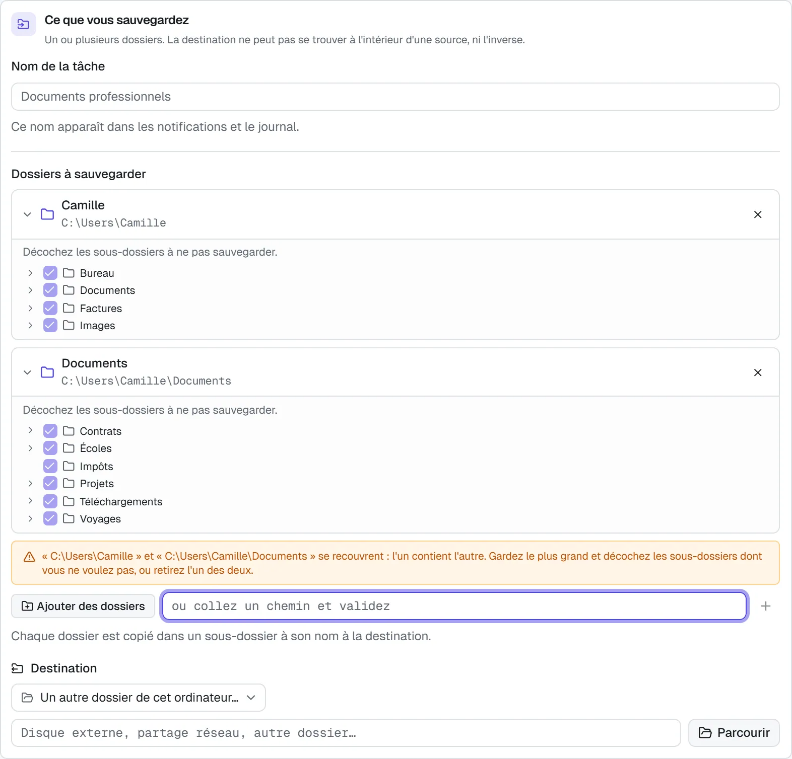 Deux dossiers dont l'un contient l'autre, et l'avertissement orange qui demande d'en retirer un ou de décocher des sous-dossiers.