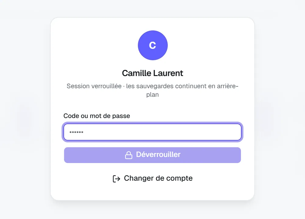 Écran de session verrouillée : le nom du compte, un champ de code et le bouton Déverrouiller.