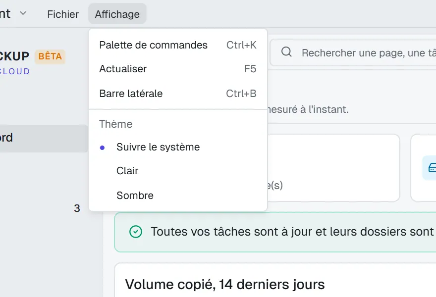 Le menu Affichage : palette de commandes, actualiser, barre latérale et choix du thème.