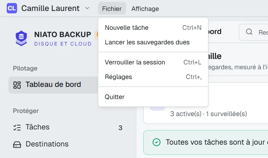 Le menu Fichier : Nouvelle tâche, Lancer les sauvegardes dues, Verrouiller la session, Réglages et Quitter, avec leurs raccourcis.