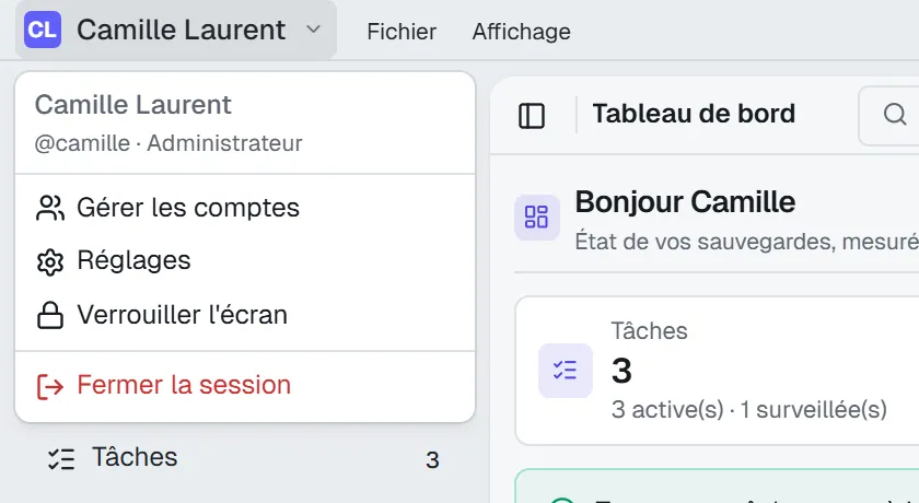 Le menu du compte : Gérer les comptes, Réglages, Verrouiller l'écran et Fermer la session.