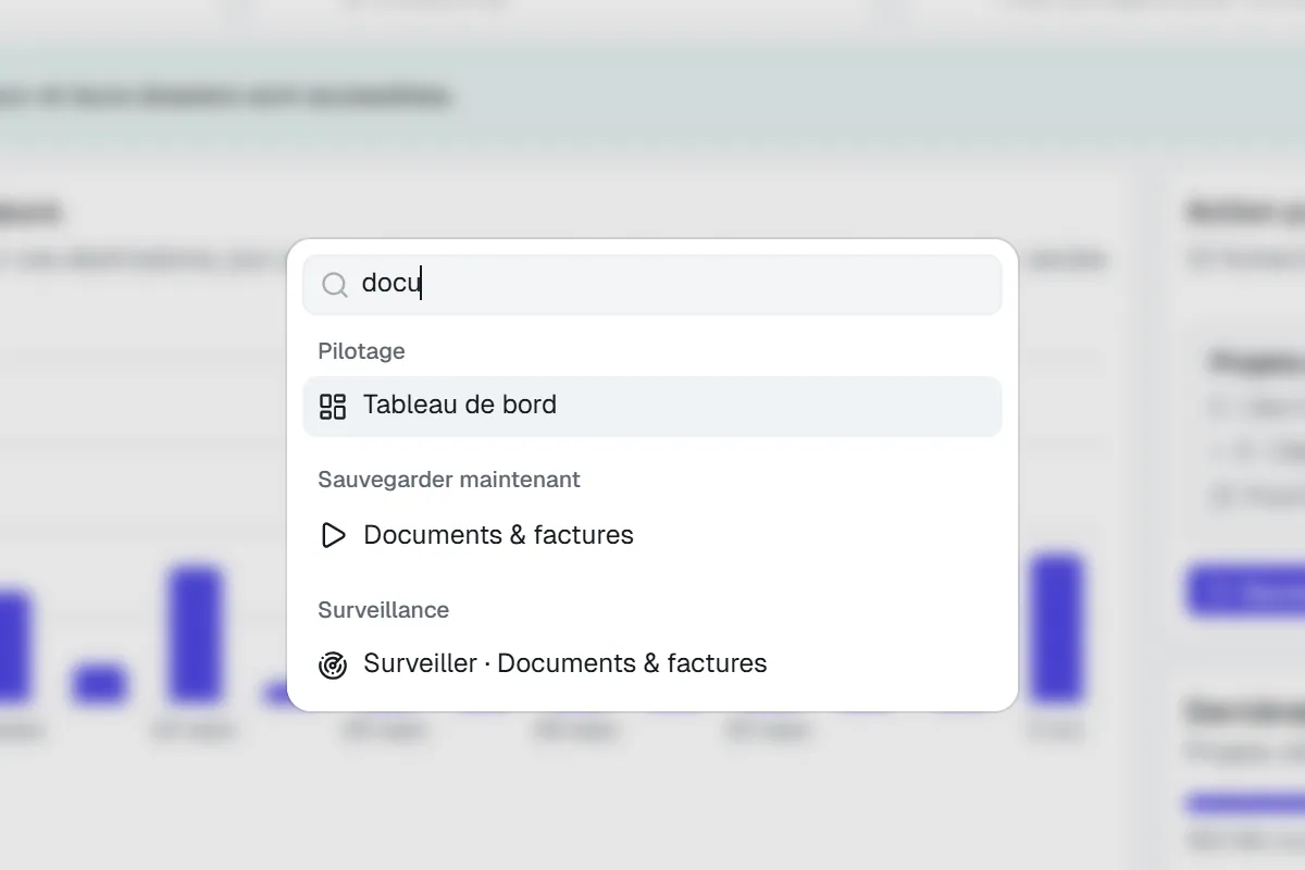 La palette de commandes ouverte, avec la saisie « docu » et trois résultats : une page, une sauvegarde à lancer et une surveillance à démarrer.