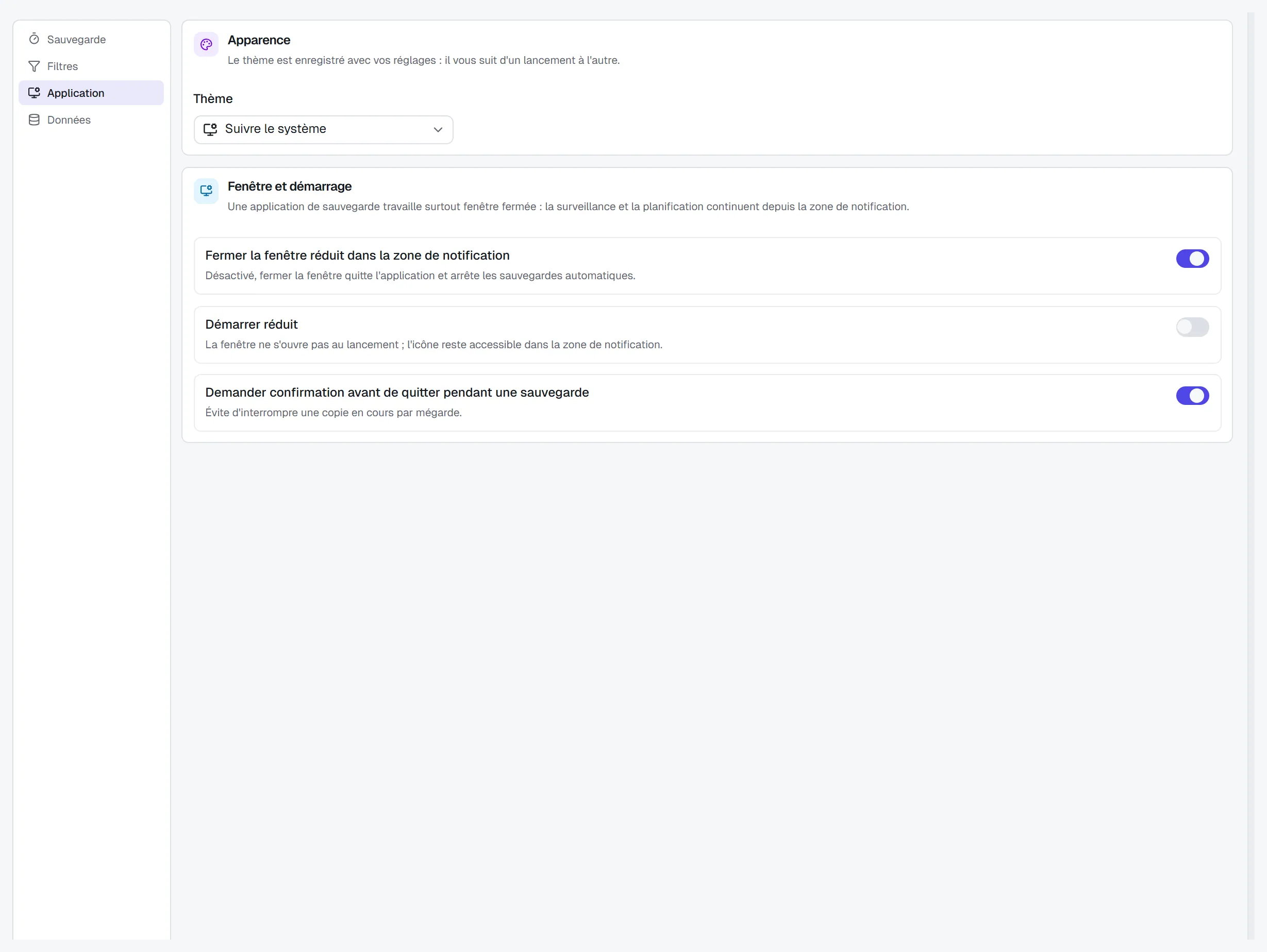Réglages, catégorie Application : apparence, fenêtre et démarrage.