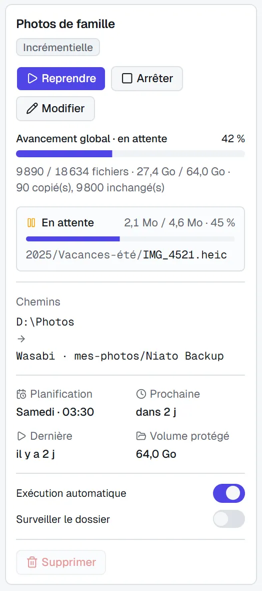 La fiche d'une tâche en attente : avancement global, fichier en cours avec sa propre barre, chemins et horaires.