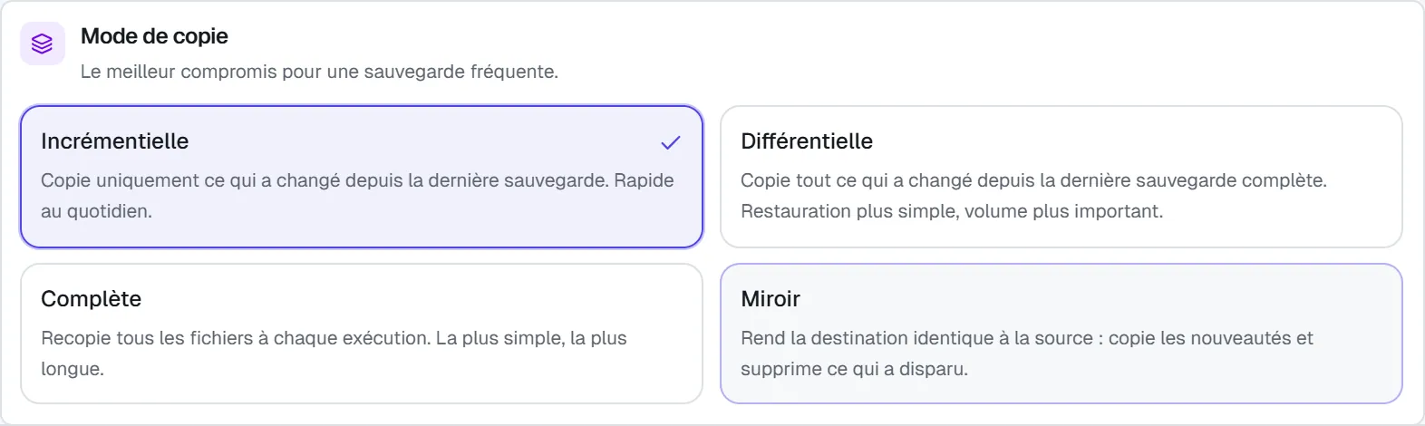 La carte « Mode de copie » : incrémentielle (choisie), différentielle, complète et miroir.
