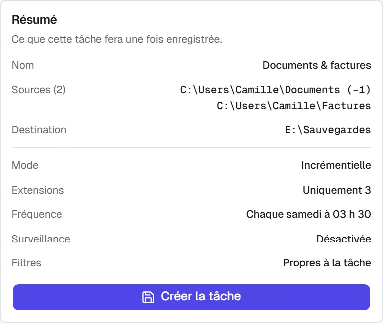 La carte « Résumé » : nom, sources, destination, mode, extensions, fréquence, surveillance et filtres de la tâche.