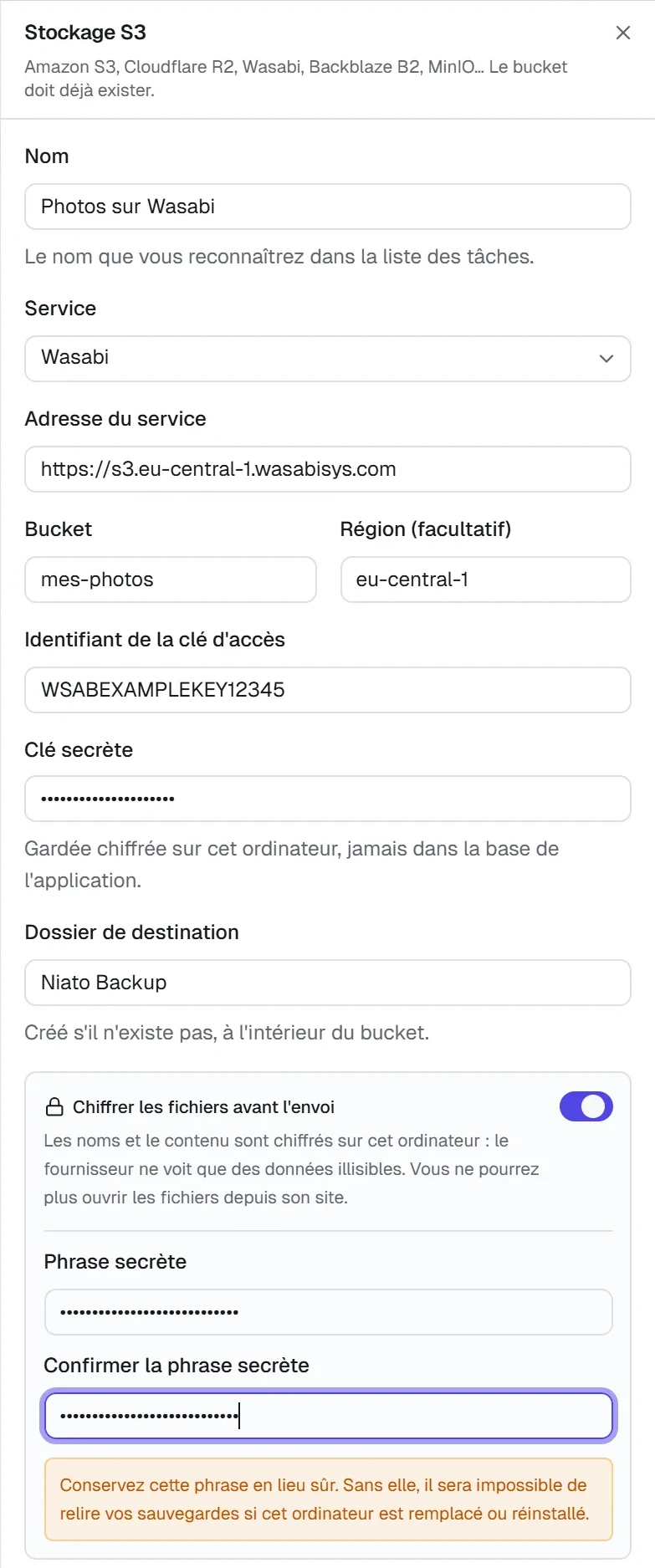 Formulaire de connexion d'un espace S3, avec l'option de chiffrer les fichiers avant l'envoi.